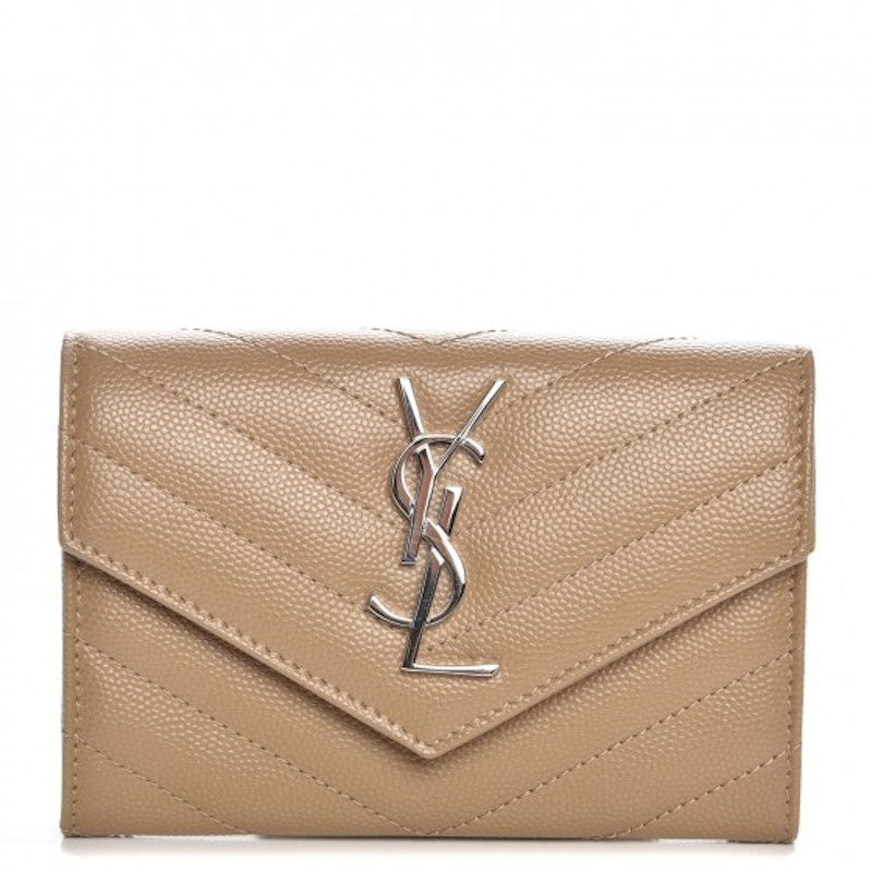 Saint Laurent Monogram Envelope Wallet Matelasse Chevron Grain de Poudre Small Dark Beige