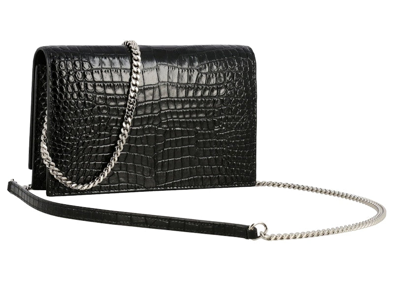 Saint Laurent Monogram Kate Bag Crocodile Print Black