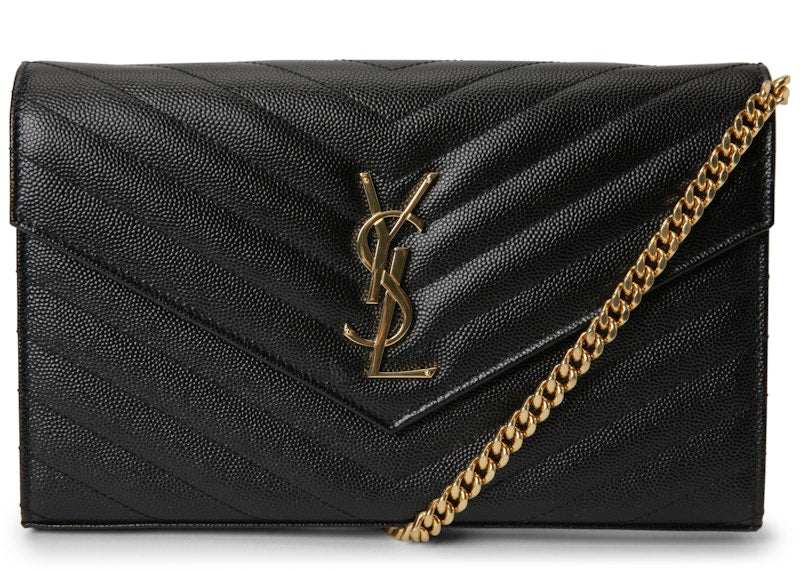 Saint Laurent Monogram Chain Wallet Matelasse Grain de Poudre Gold-tone Black
