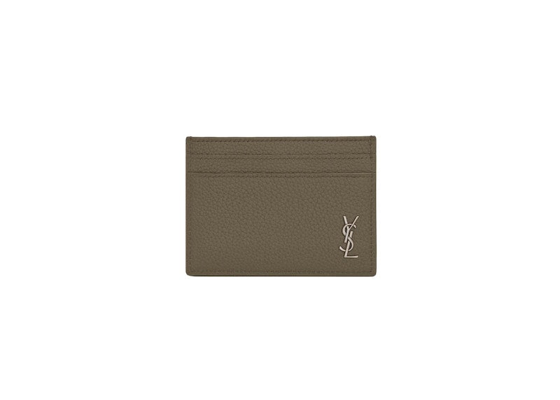 Saint Laurent Tiny Cassandre Card Case in Grained Leather Dark Khaki