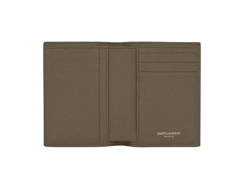 Saint Laurent Tiny Cassandre Credit Card Wallet in Grained Leather Dark Khaki