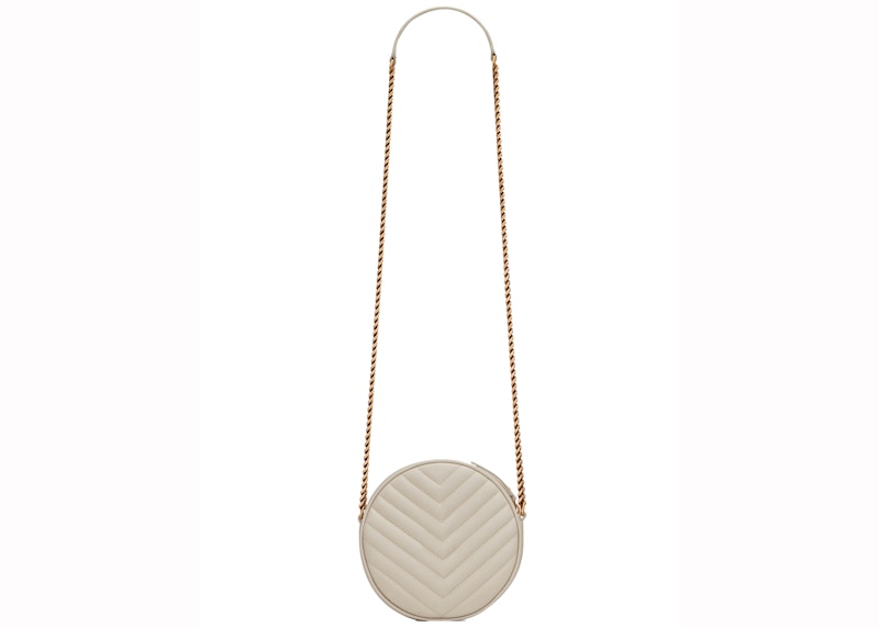 Saint Laurent Vinyle Round Camera Bag Chevron Quilted Grain de Poudre Blanc Vintage