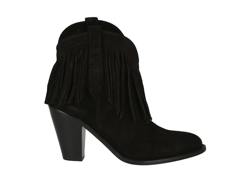 Saint Laurent Western Fringed Ankle Boots Black Suede (Women's)
