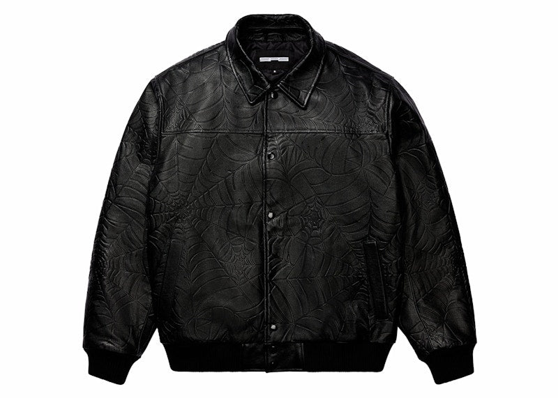 Sp5der Debossed Web Leather Jacket Black