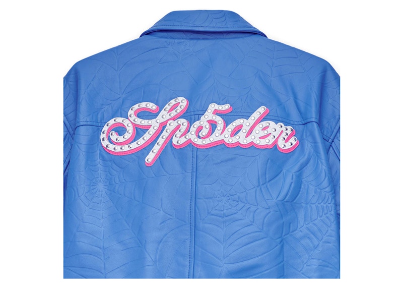 Sp5der Debossed Web Leather Jacket Blue