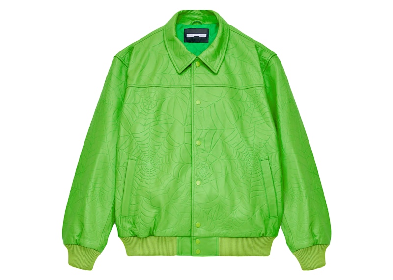 Sp5der Debossed Web Leather Jacket Green