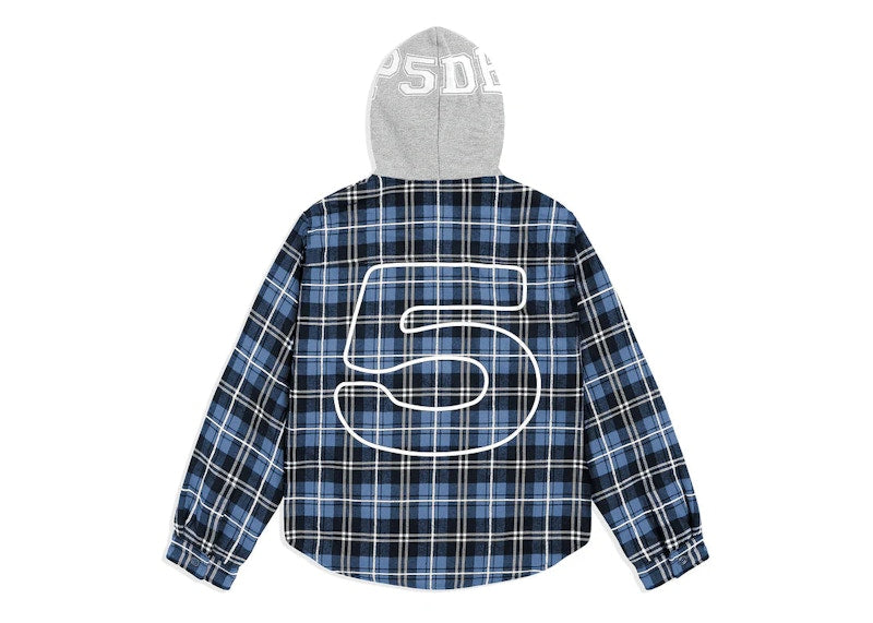 Sp5der Hooded Zip Flannel Shirt Jacket Blue Plaid