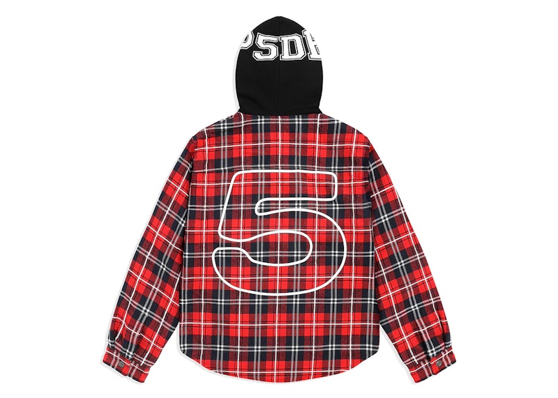 Sp5der Hooded Zip Flannel Shirt Jacket Red Plaid