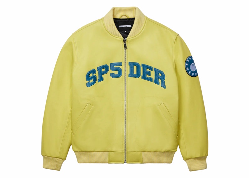 Sp5der Leather Logo Bomber Jacket Yellow