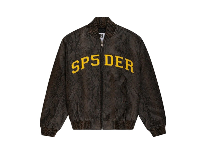 Sp5der Snake Leather Varsity Bomber Jacket Brown