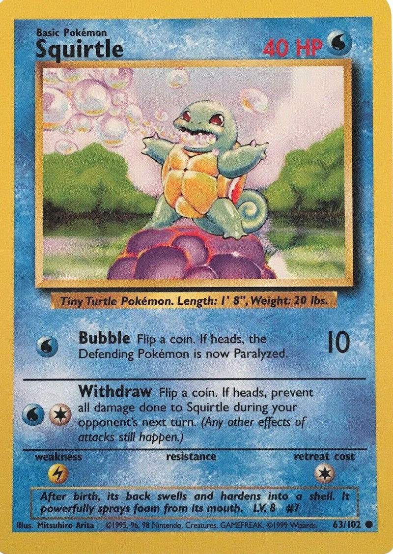 Squirtle 1999 Pokemon TCG Base Set Unlimited #63 (PSA or BGS Graded)