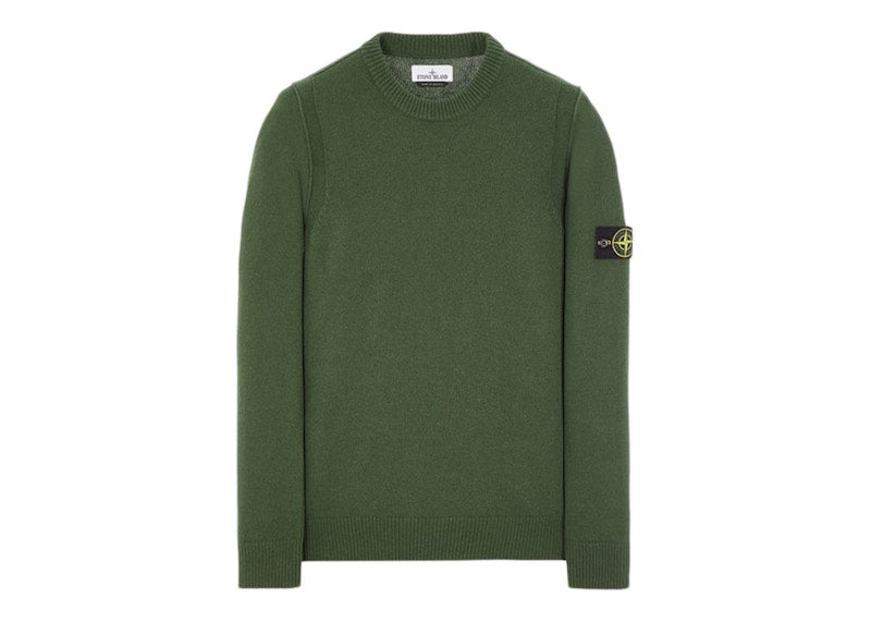 Stone Island 508A3 Stockinette Stitch Lambswool Knitted Sweater Olive Green