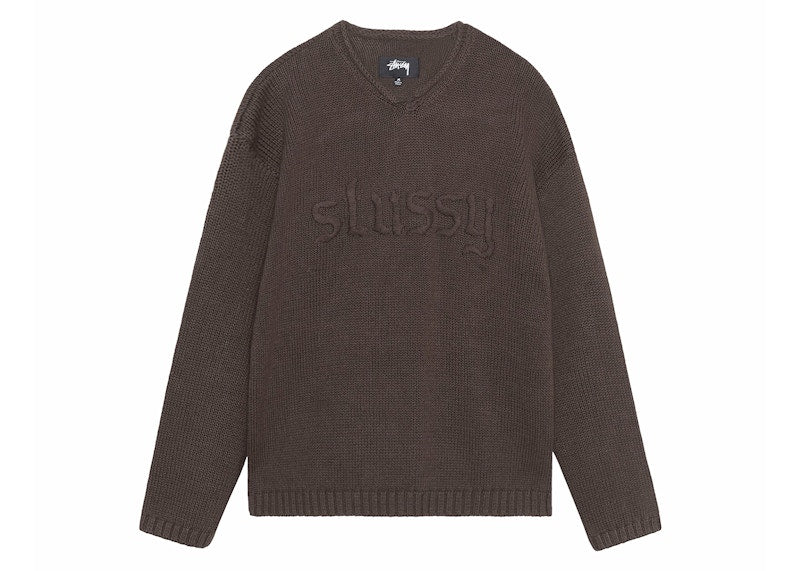 Stussy Embroidered V-Neck Logo Sweater Brown