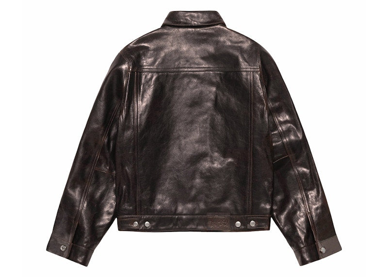 Stussy Trucker Leather Jacket Dark Brown