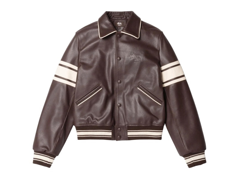 Stussy x Wales Bonner Leather Varsity Jacket Brown