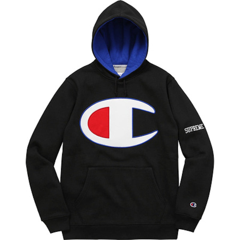 Supreme Champion Satin Logo Hoodie Black