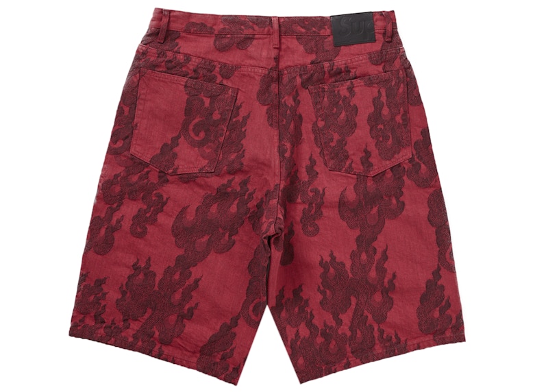 Supreme Flames Jacquard Baggy Denim Short Washed Red