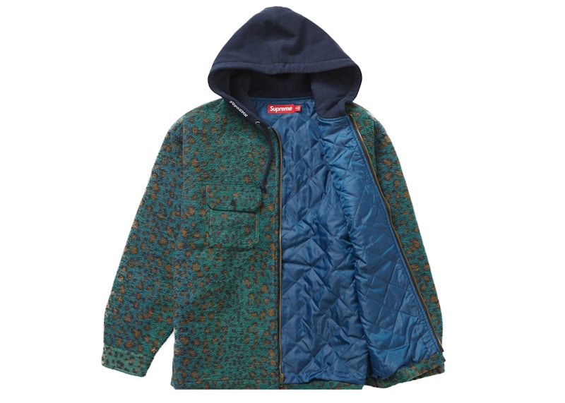 Supreme Fleece Zip Up Hooded Shirt Teal Leopard