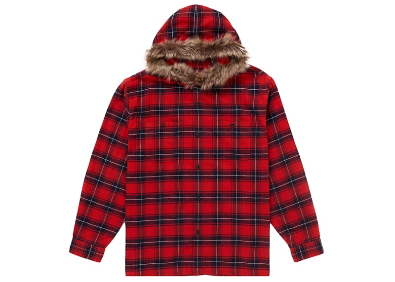 Supreme Fur Trim Flannel Hooded Shirt Red Plaid