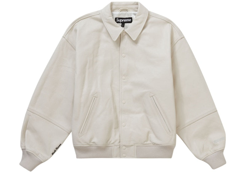 Supreme GORE-TEX Infinium WINDSTOPPER Leather Varsity Jacket White