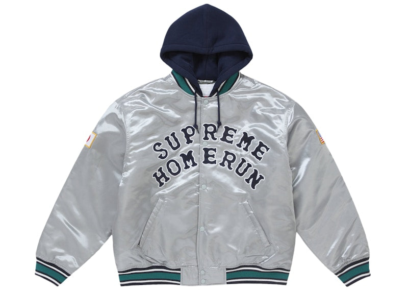Supreme Homerun Satin Hooded Varsity Jacket Silver