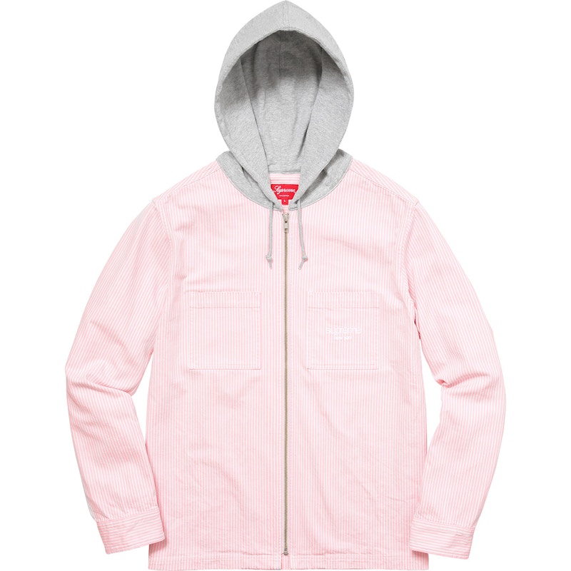 Supreme Hooded Stripe Denim Zip Up Shirt Pink