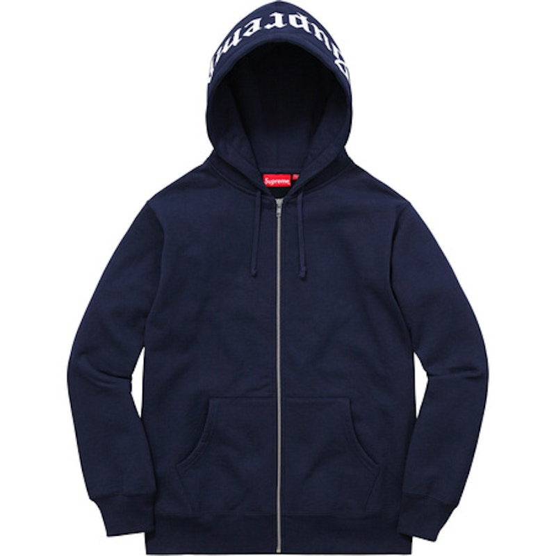Supreme Old English Hood Logo Zip Up Hoodie Navy