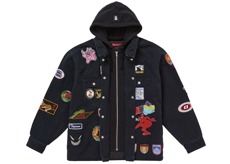 Supreme Patches Hooded Zip Up Shirt Black