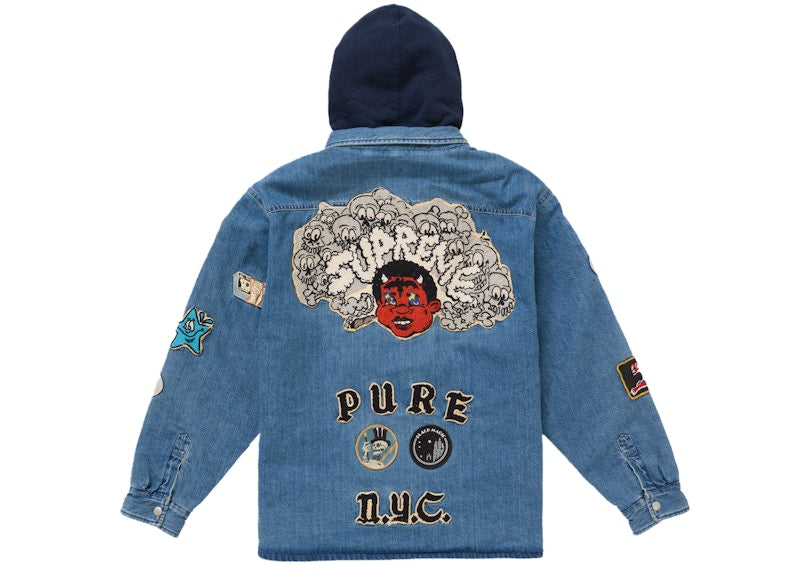 Supreme Patches Hooded Zip Up Shirt Denim