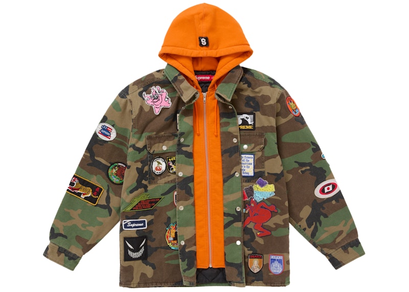 Supreme Patches Hooded Zip Up Shirt Woodland Camo