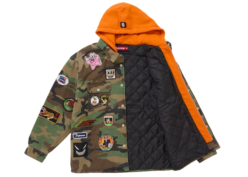 Supreme Patches Hooded Zip Up Shirt Woodland Camo