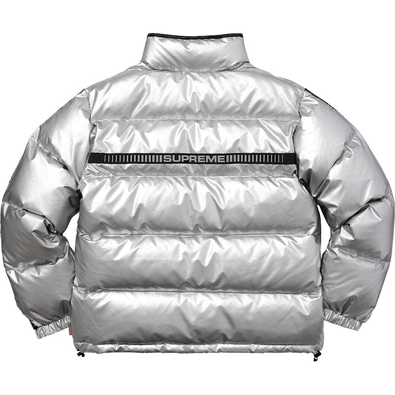 Supreme Reflective Sleeve Logo Puffy Jacket Silver