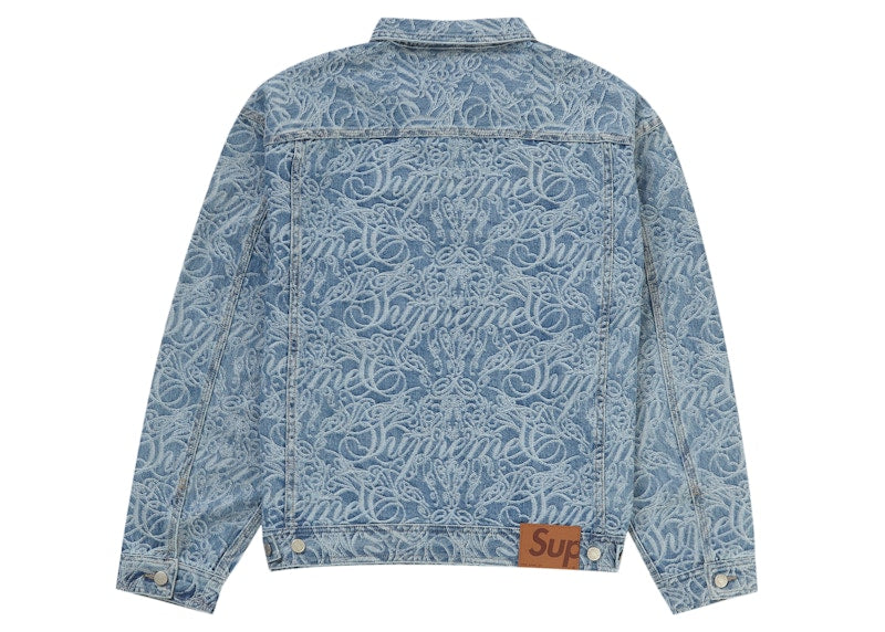 Supreme Script Jacquard Denim Trucker Jacket Washed Blue