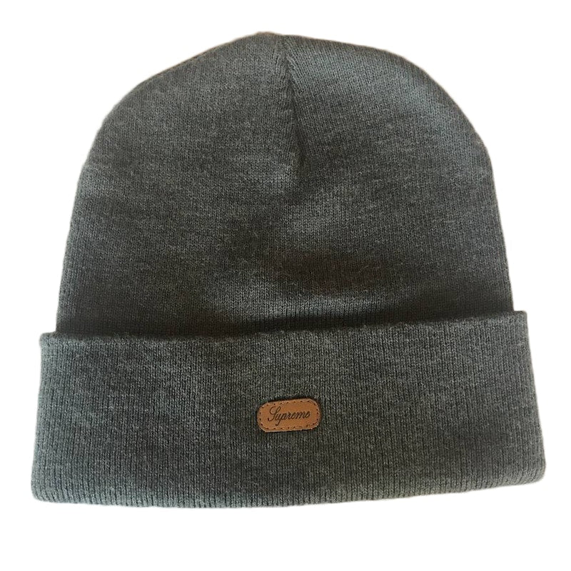 Supreme Script Leather Patch Beanie Heather Grey