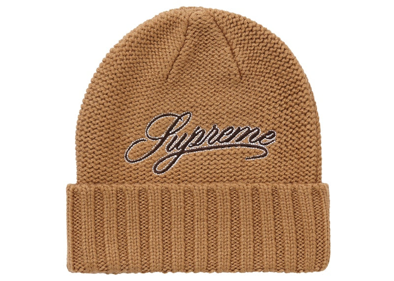 Supreme Script Logo Beanie Tan