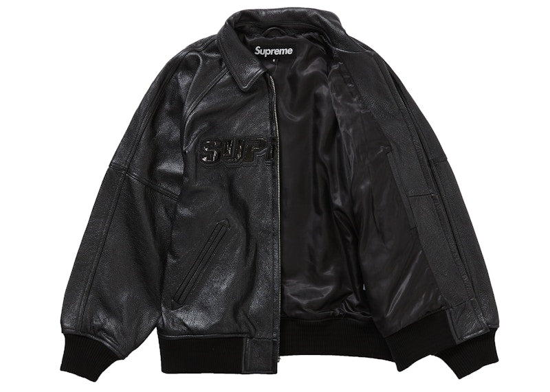Supreme Silver Surfer Leather Varsity Jacket Black