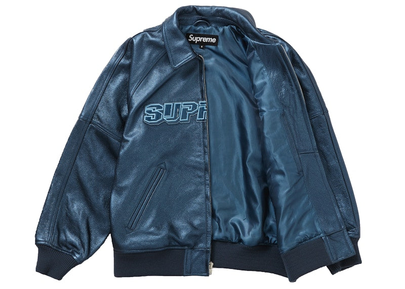 Supreme Silver Surfer Leather Varsity Jacket Blue