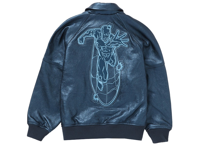 Supreme Silver Surfer Leather Varsity Jacket Blue