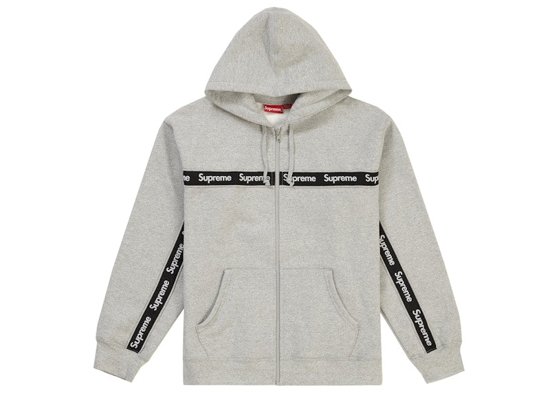 Supreme Text Stripe Zip Up Hooded Sweatshirt Heather Grey