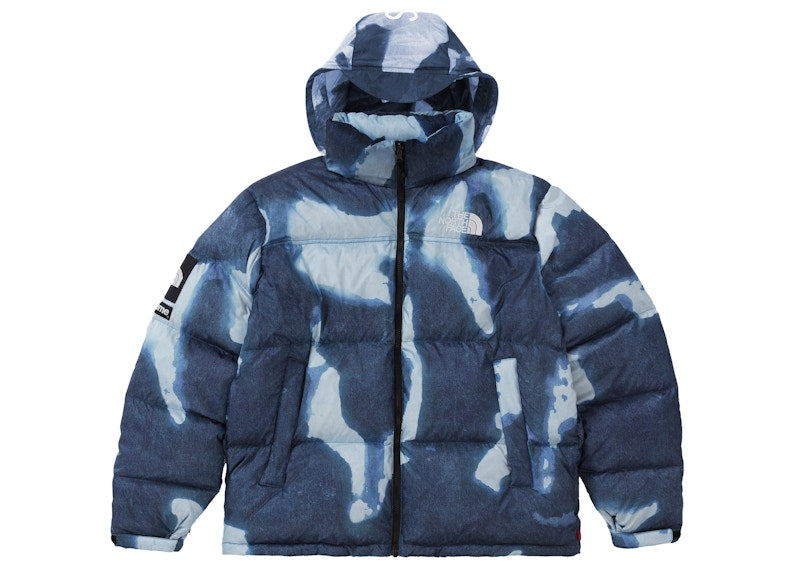 Supreme The North Face Bleached Denim Print Nuptse Jacket Indigo