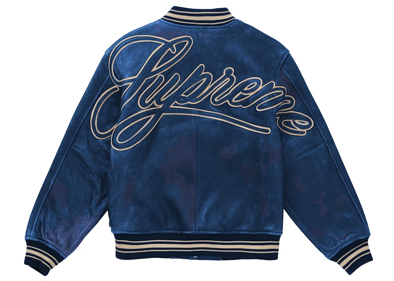 Supreme Worn Leather Varsity Jacket Blue