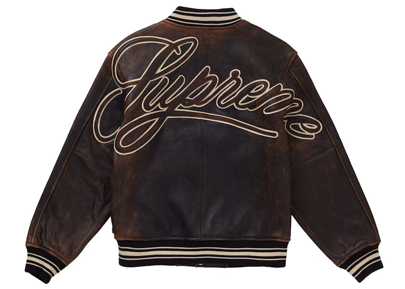 Supreme Worn Leather Varsity Jacket Black