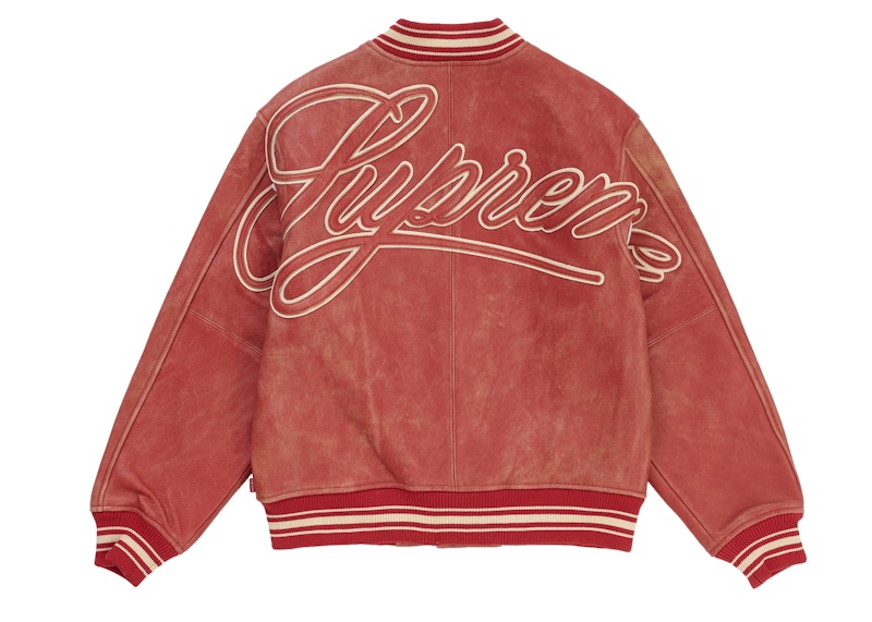 Supreme Worn Leather Varsity Jacket Red
