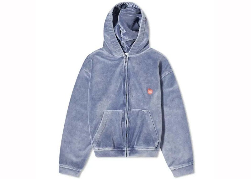 T by Alexander Wang Apple Logo Shrunken Zip Up Hoodie Washed Bluestone