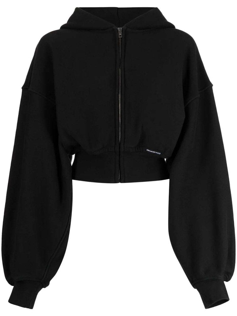 T by Alexander Wang Branded Seam Label Cropped Zip Up Hoodie Faded Black