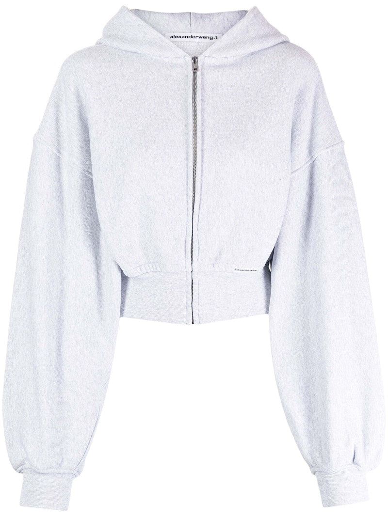 T by Alexander Wang Branded Seam Label Cropped Zip Up Hoodie Light Heather Grey