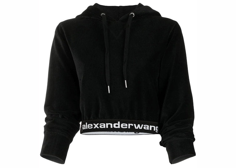 T by Alexander Wang Elastic Logo Stretch Corduroy Cropped LS Hoodie Black