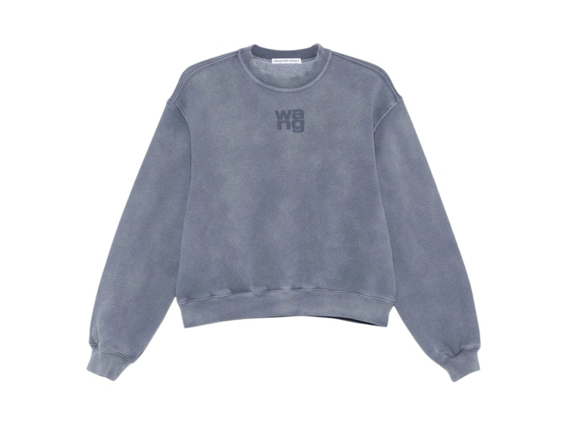 T by Alexander Wang Essential Terry Crew Puff Paint Logo Sweatshirt Washed Blue Ink