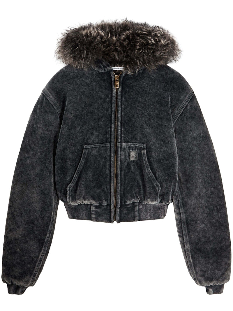 T by Alexander Wang Velour Workwear Shearling Trim Hood Hoodie Washed Slate