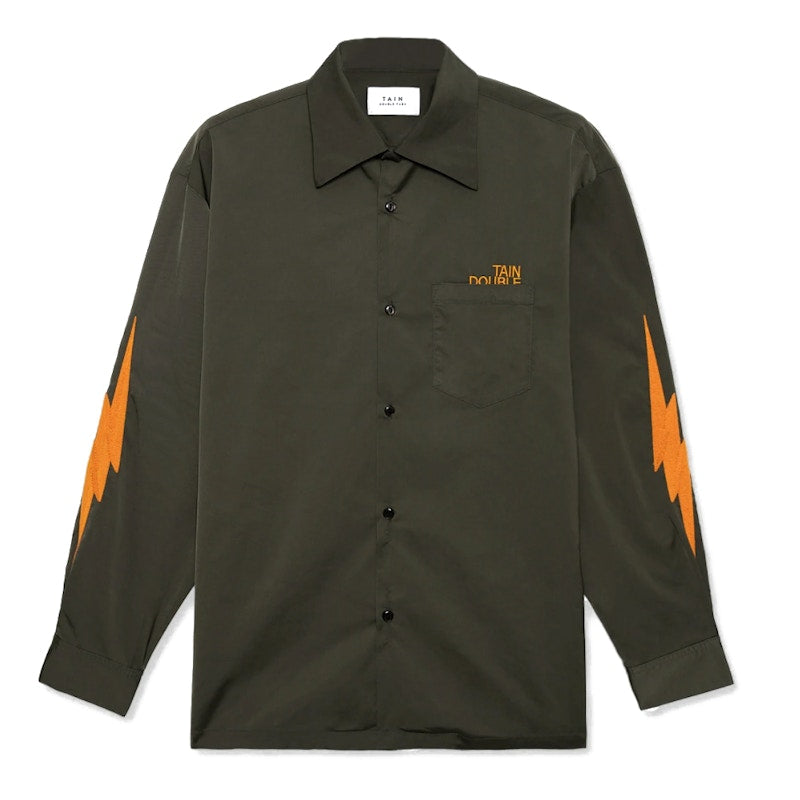 Tain Double Push Embroidery Open Collar Shirt Khaki